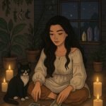 kobieta sprawdzająca karty tarota w otoczeniu świec