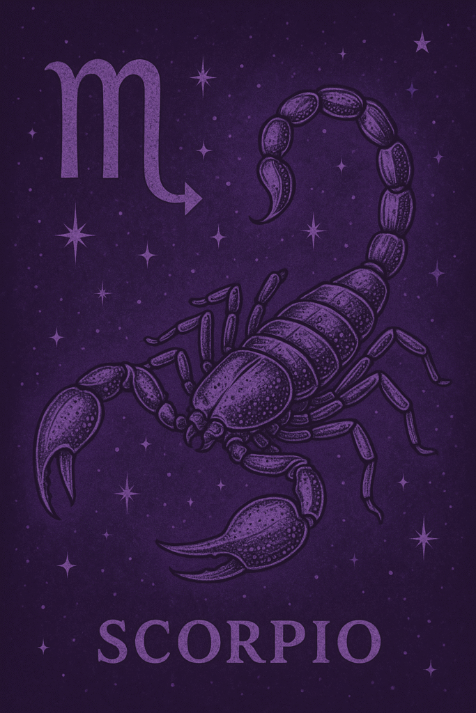 Znak zodiaku skorpion na fioletowym tle