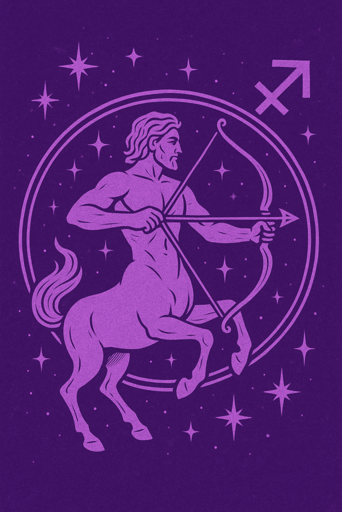 Znak zodiaku strzelec na fioletowym tle