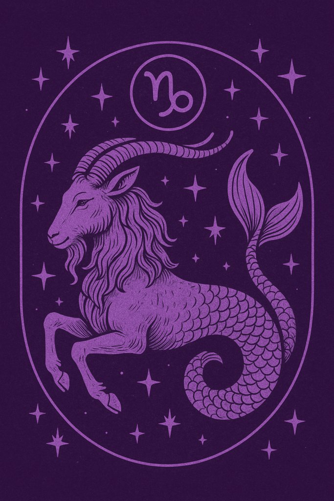 Znak zodiaku koziorożca na fioletowym tle