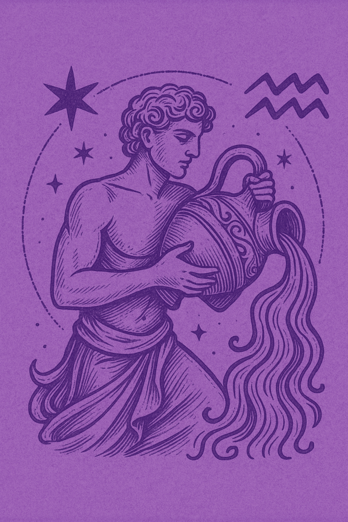 Znak zodiaku wodnikna fioletowym tle